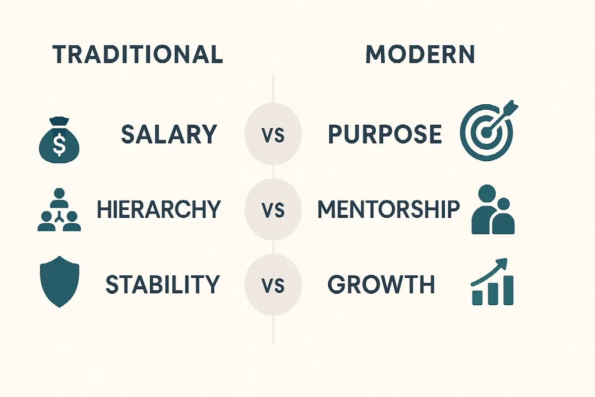 Workplace values comparison chart between traditional and modern professional priorities