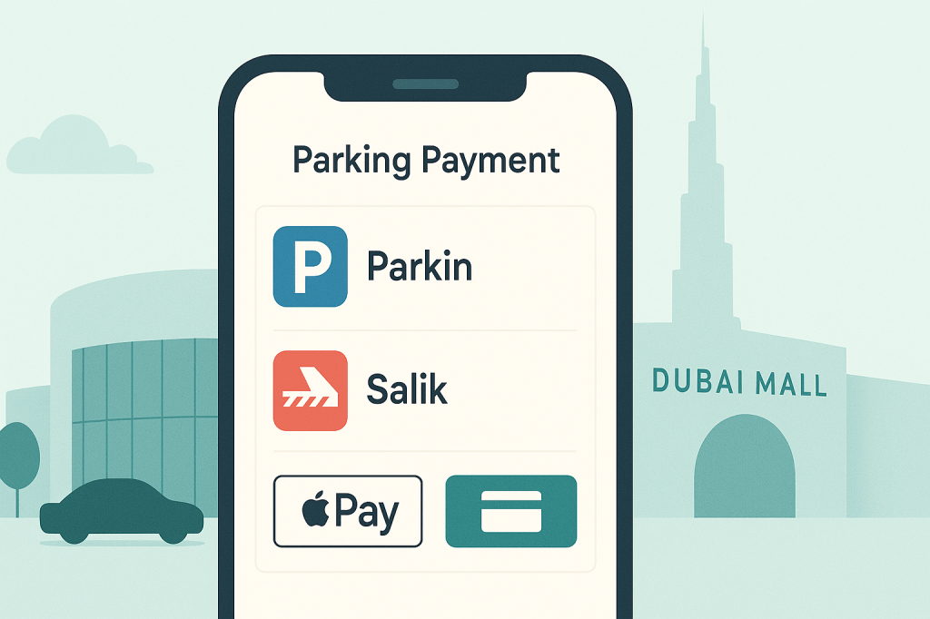 Mobile payment options for Dubai mall parking including Parkin and Salik apps