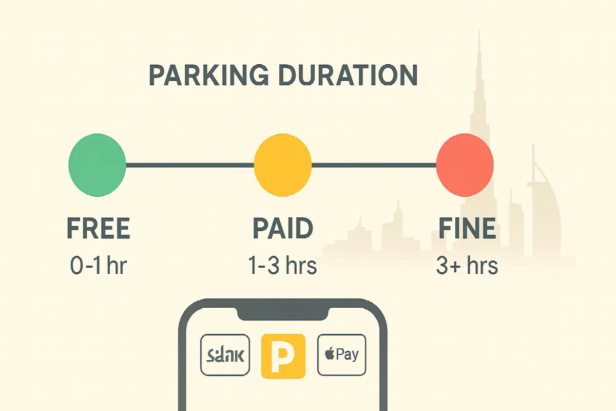 Dubai mall parking time limits visual guide showing free periods and fine thresholds