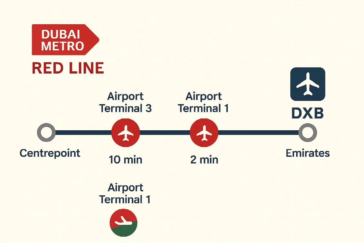 Dubai Metro route map showing airport connectivity to DXB terminals