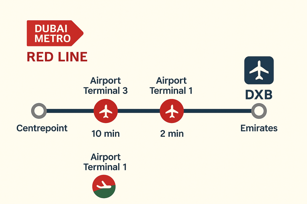 Dubai Metro route map showing airport connectivity to DXB terminals
