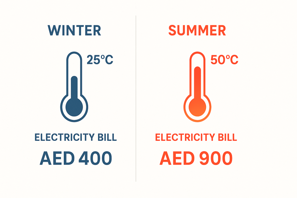 UAE winter vs summer electricity bill comparison showing temperature impact on utility costs