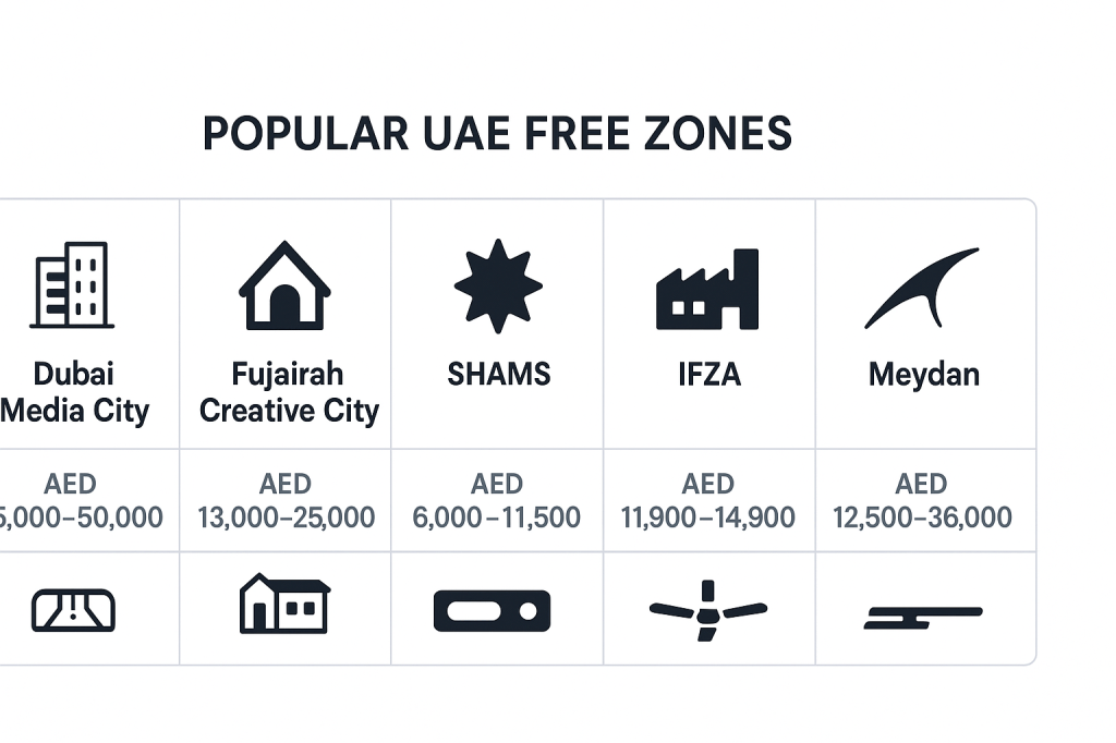 UAE free zone options for influencer trade licenses with costs and specialisations