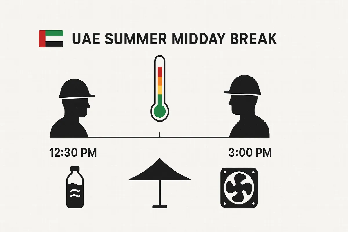 UAE summer midday break timeline infographic showing prohibited work hours