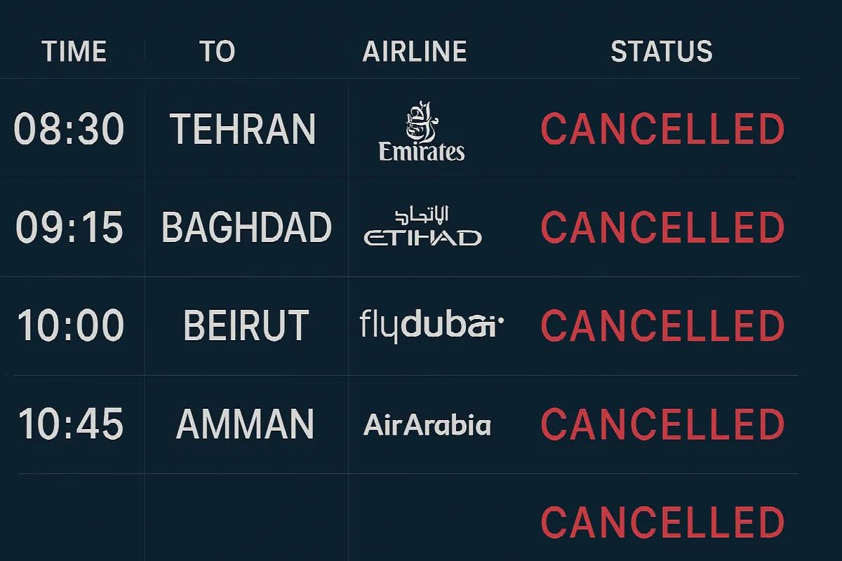 UAE airlines flight cancellation board showing cancelled flights to Middle East destinations