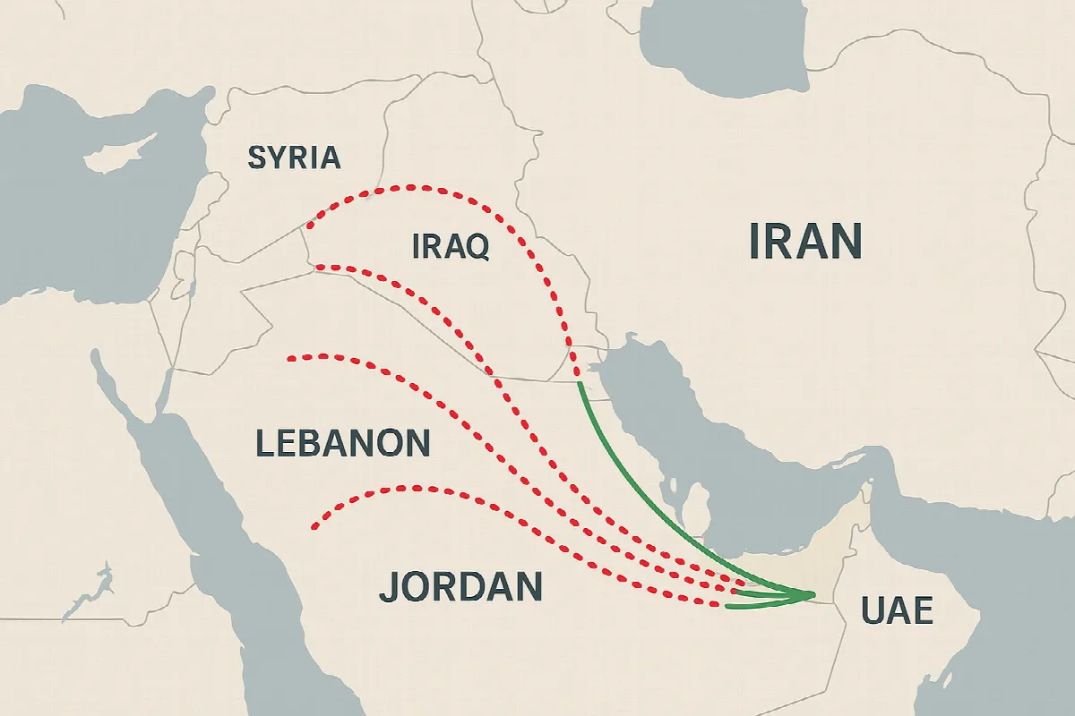 Middle East flight route map showing UAE airline cancellations and alternative routes
