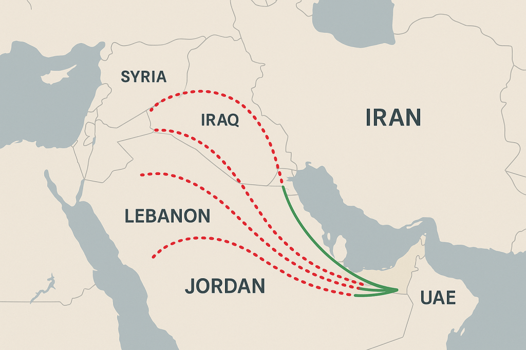 Middle East flight route map showing UAE airline cancellations and alternative routes