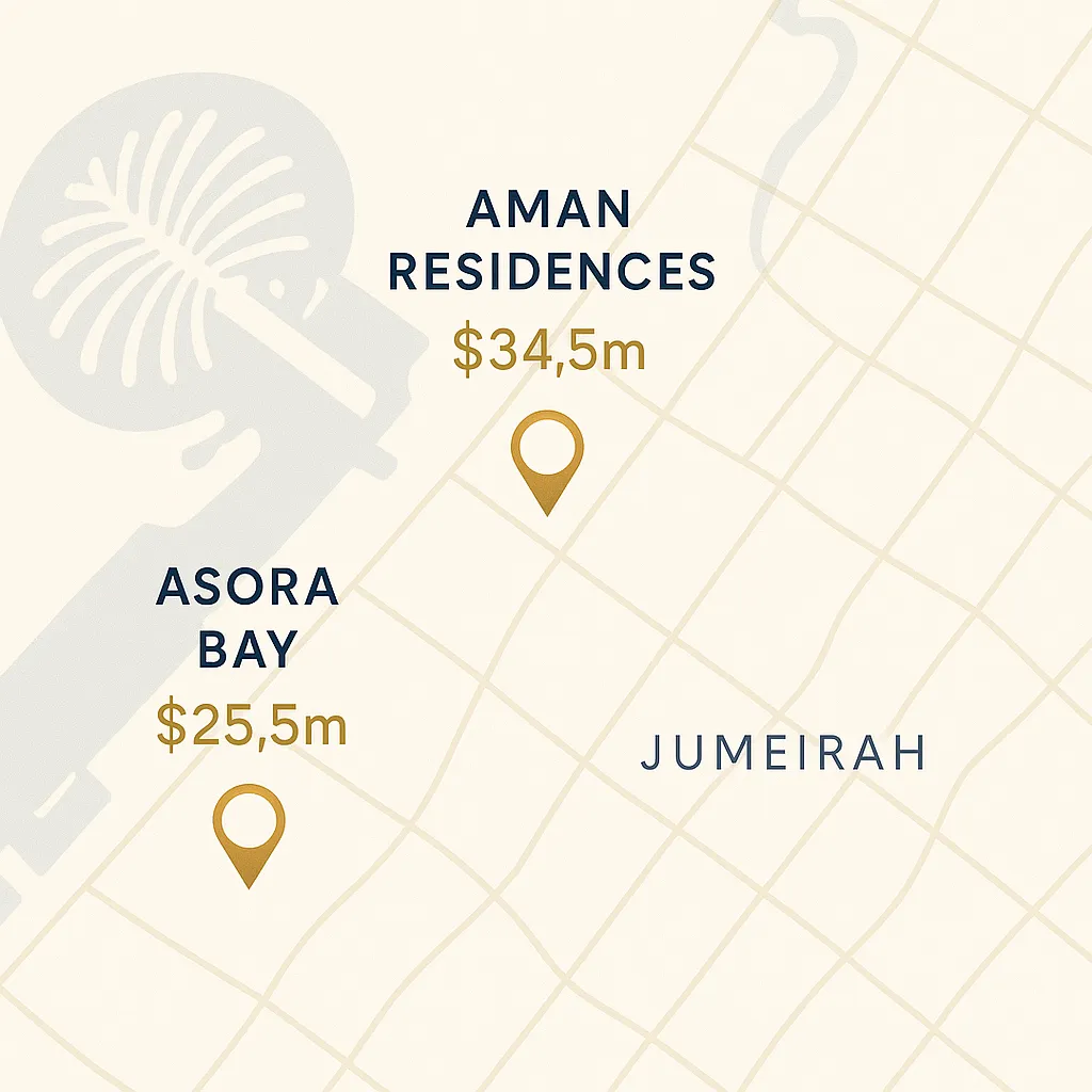Dubai Jumeirah luxury real estate map showing premium apartment sale locations and prices