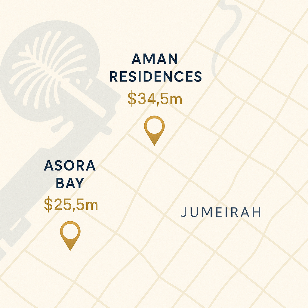 Dubai Jumeirah luxury real estate map showing premium apartment sale locations and prices