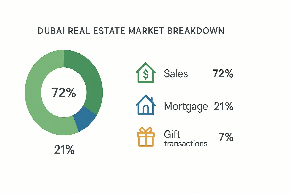 Dubai real estate market transaction breakdown infographic showing sales, mortgage and gift transaction percentages