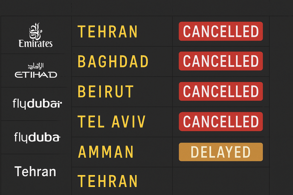 Flight cancellation board showing Middle East route disruptions due to Israel-Iran conflict