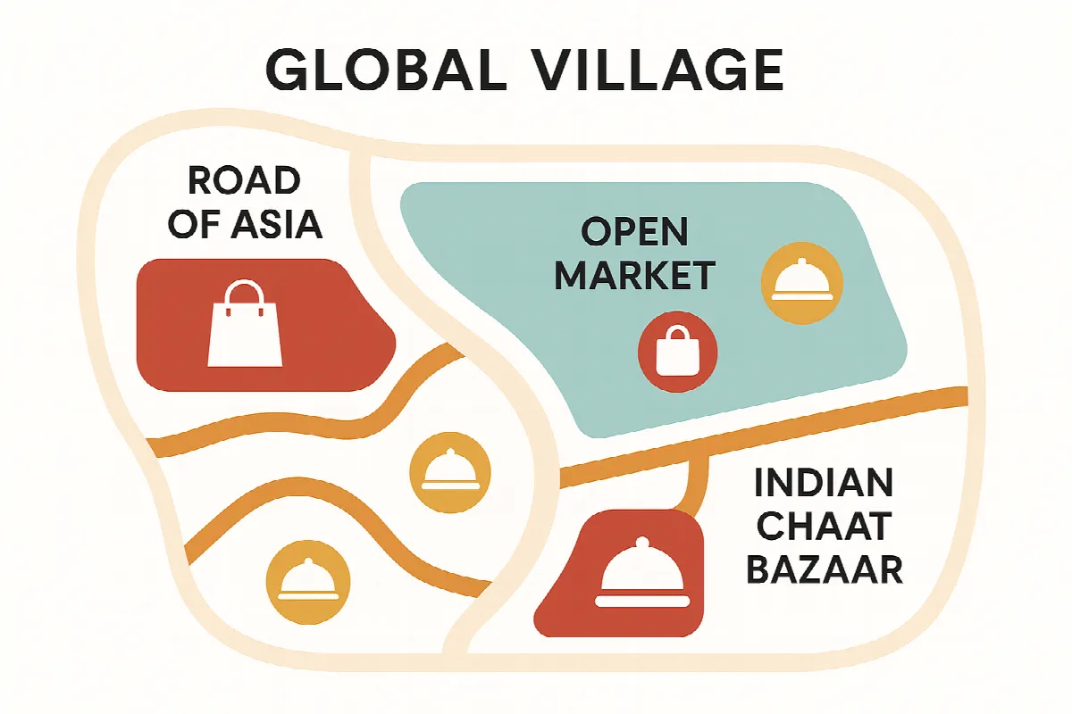 Global Village Dubai vendor zone map showing Road of Asia, Chaat Bazaar and retail locations for Season 30 applications