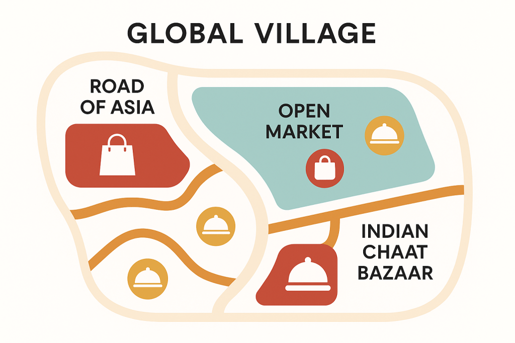 Global Village Dubai vendor zone map showing Road of Asia, Chaat Bazaar and retail locations for Season 30 applications