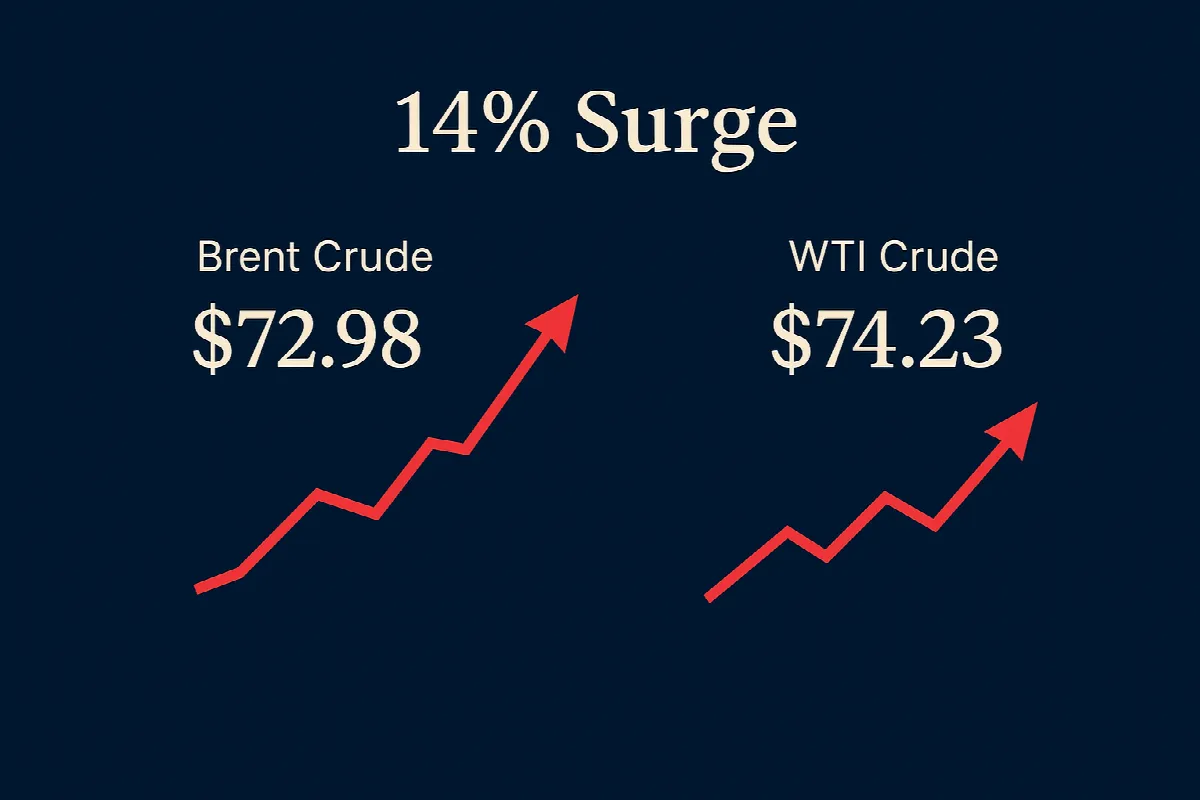 Oil price surge chart showing 14% increase in Brent and WTI crude