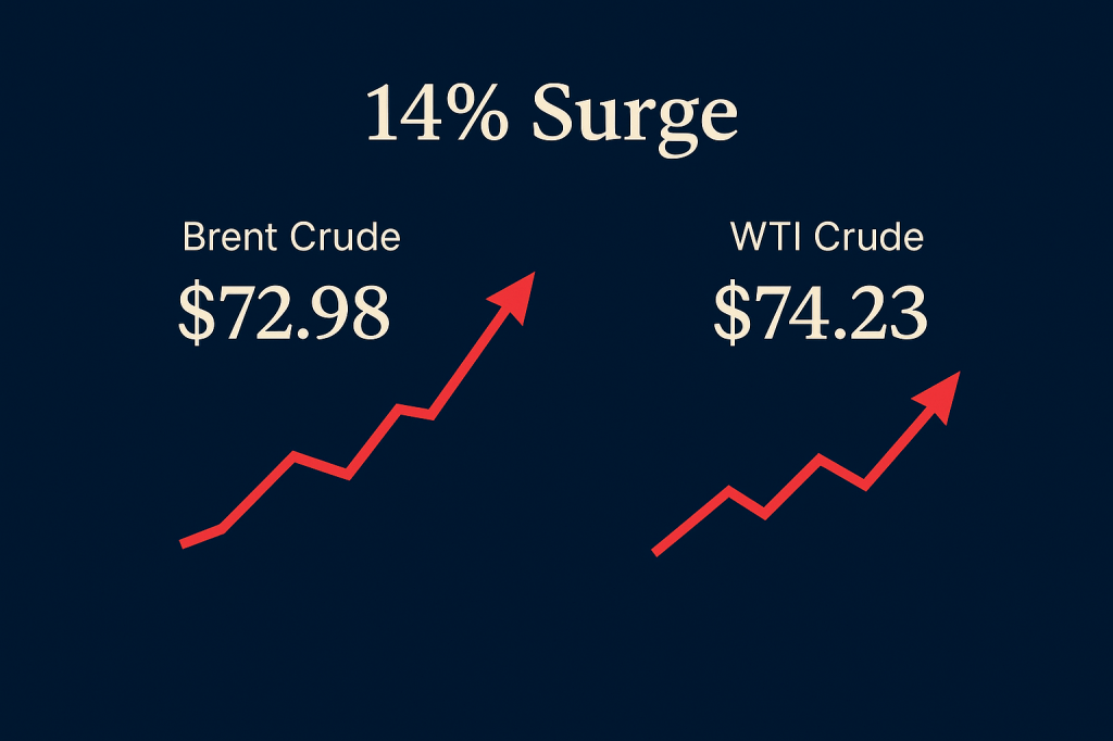 Oil price surge chart showing 14% increase in Brent and WTI crude