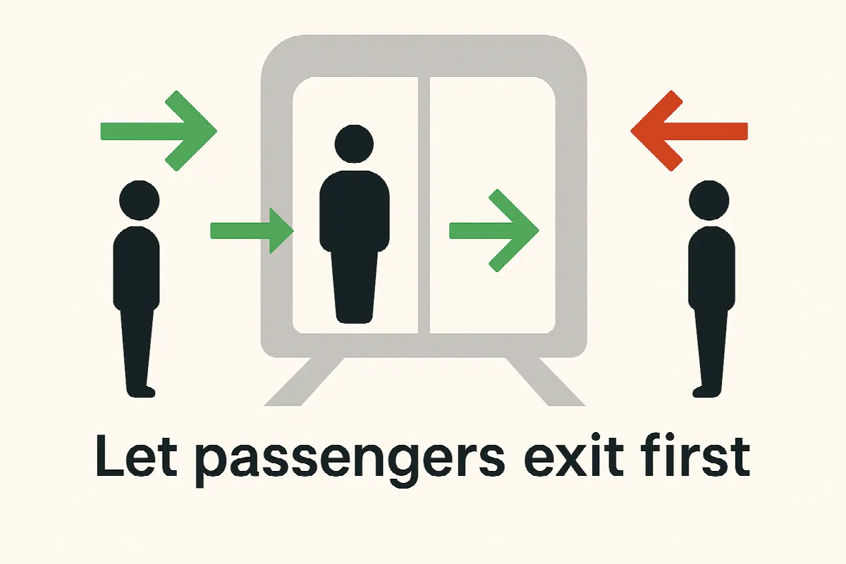 Proper Dubai Metro boarding etiquette infographic showing exit-first protocol