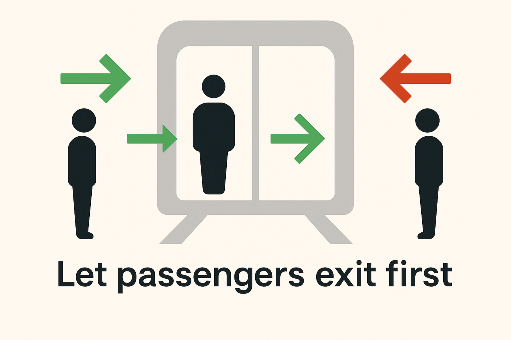 Proper Dubai Metro boarding etiquette infographic showing exit-first protocol
