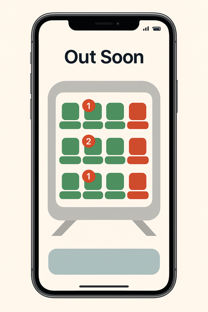 Out Soon app interface showing Dubai Metro seat availability notifications