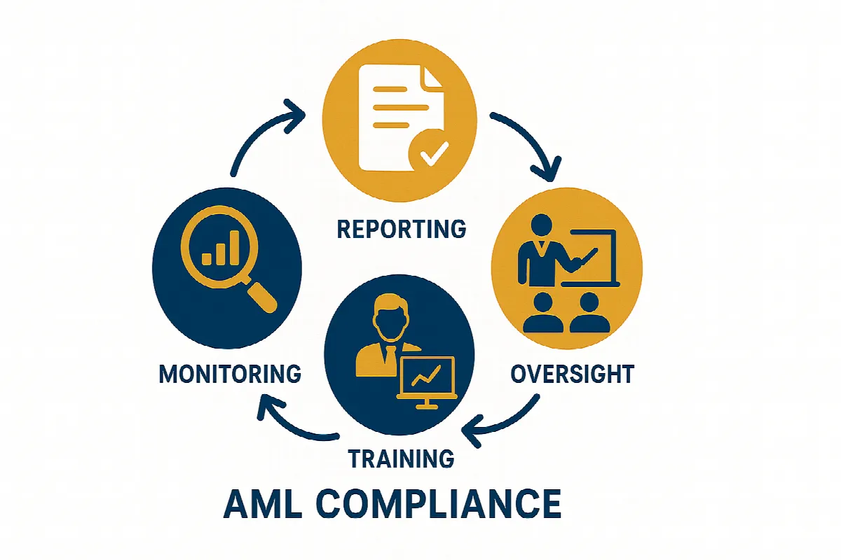 Anti-money laundering compliance framework diagram showing key regulatory components