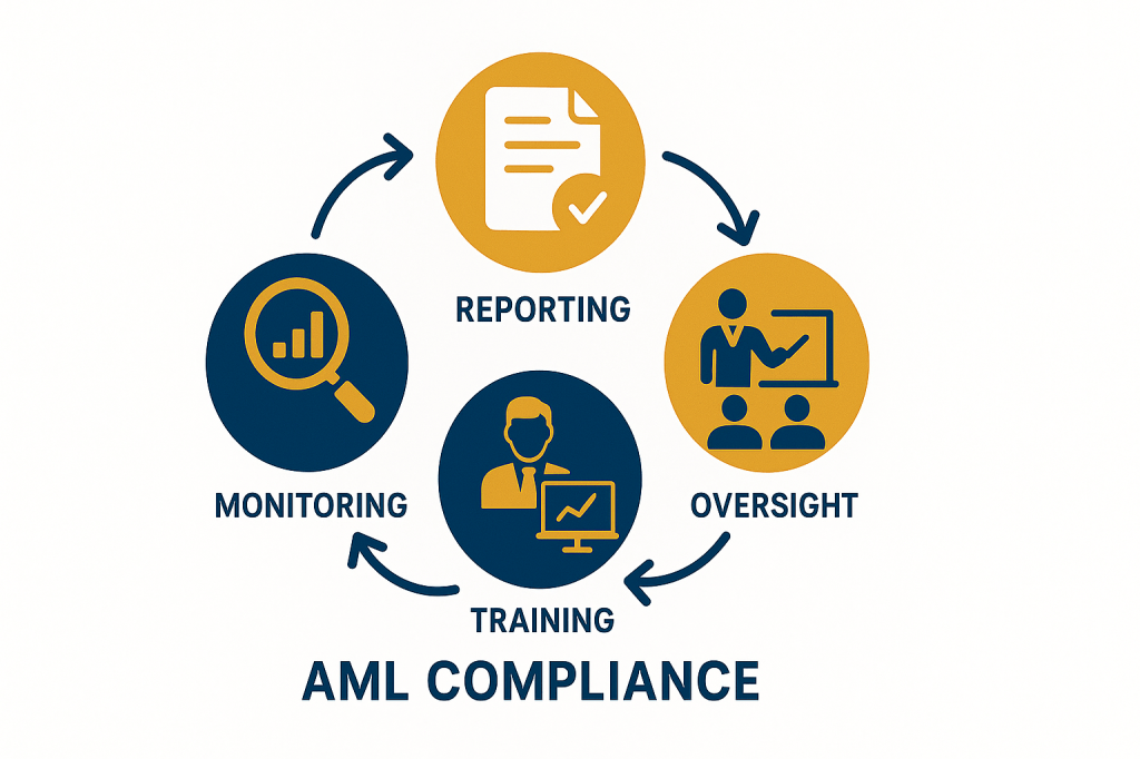 Anti-money laundering compliance framework diagram showing key regulatory components