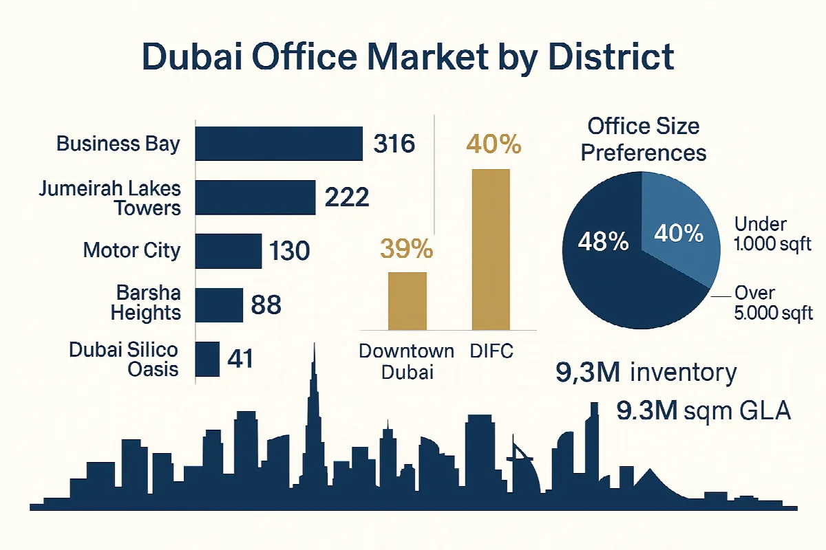 Dubai office market district analysis showing transaction volumes, price growth percentages, and size preferences
