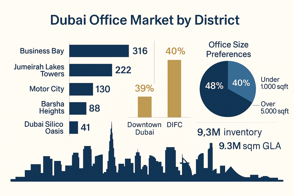 Dubai office market district analysis showing transaction volumes, price growth percentages, and size preferences
