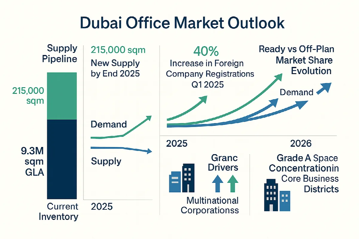 Dubai office market supply pipeline and demand forecast showing new inventory delivery and business growth drivers