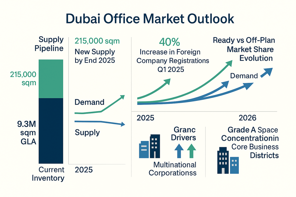 Dubai office market supply pipeline and demand forecast showing new inventory delivery and business growth drivers