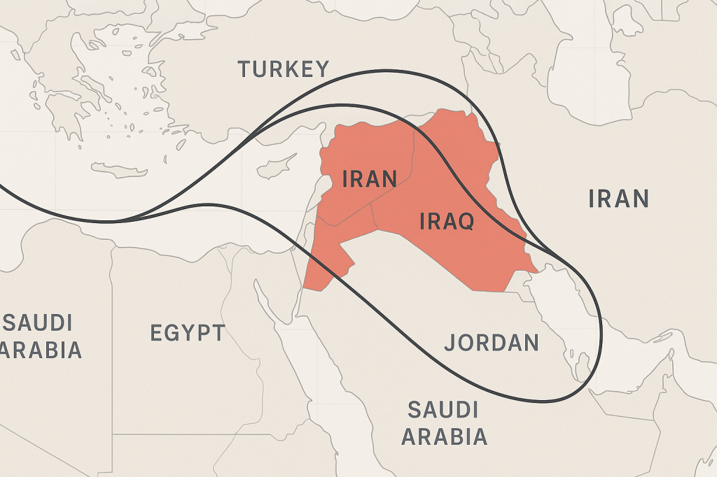 Middle East airspace closure map showing restricted zones and alternative flight routes