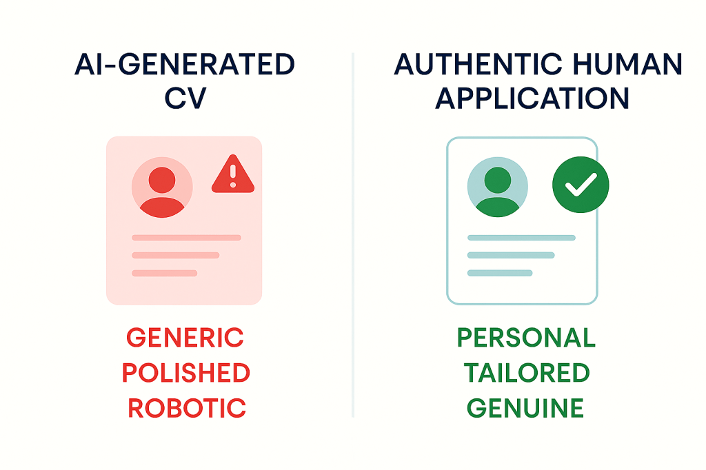 Comparison of AI-generated versus authentic human job applications showing hiring manager preferences