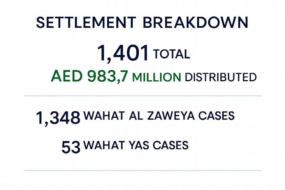 Abu Dhabi property dispute settlement statistics showing 1,401 cases and AED 983 million distribution