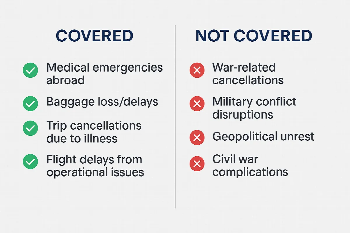 Travel insurance coverage comparison showing inclusions and war-related exclusions