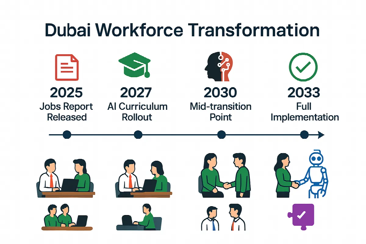 Dubai workforce transformation timeline from 2025 to 2033 showing AI integration phases
