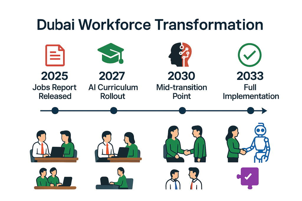 Dubai workforce transformation timeline from 2025 to 2033 showing AI integration phases