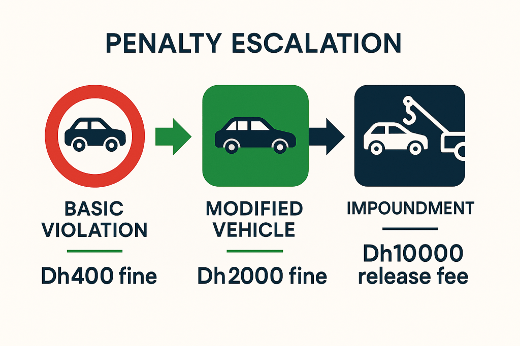 UAE traffic noise violation penalty structure from basic fines to vehicle impoundment