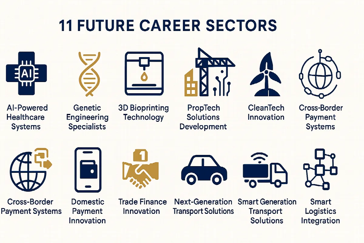 Dubai's 11 future career sectors infographic showing high-demand job categories