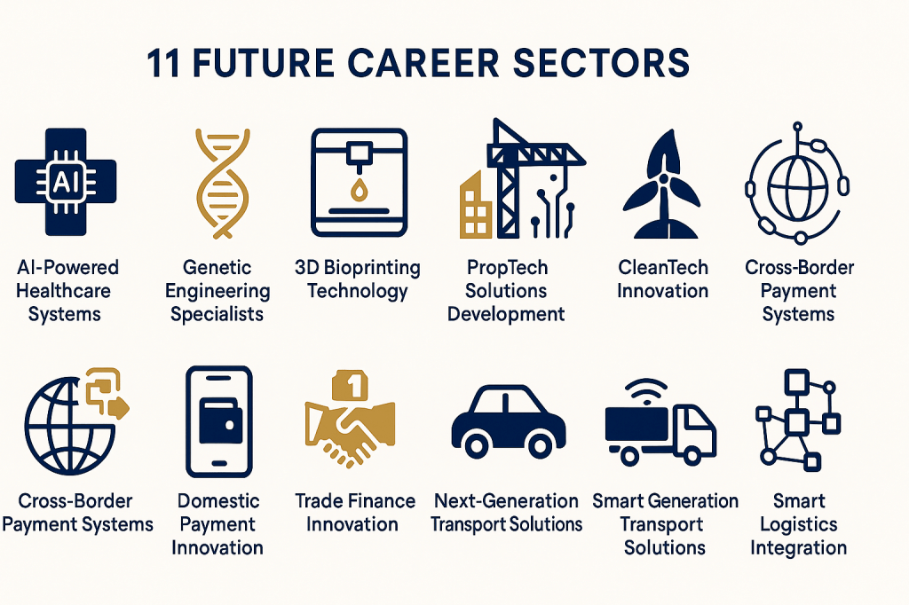Dubai's 11 future career sectors infographic showing high-demand job categories