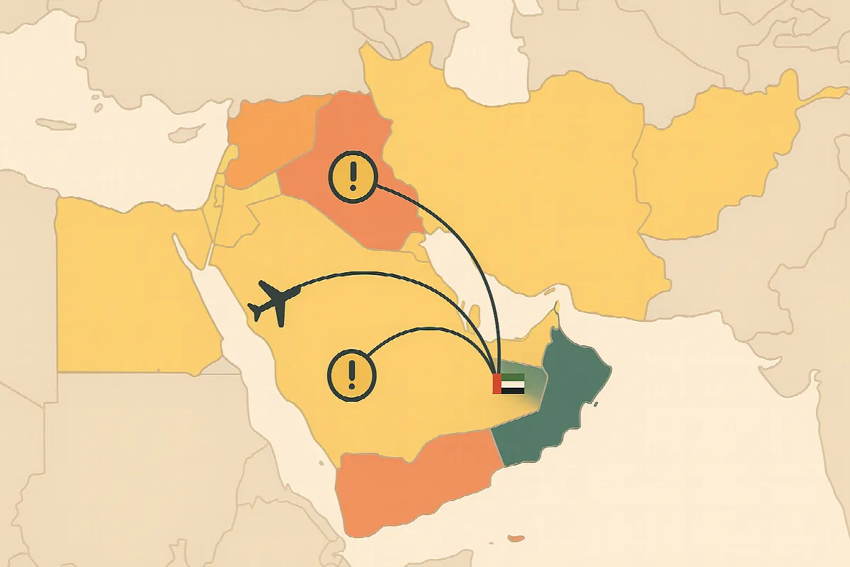 Middle East regional map showing UAE travel advisory status and flight disruptions