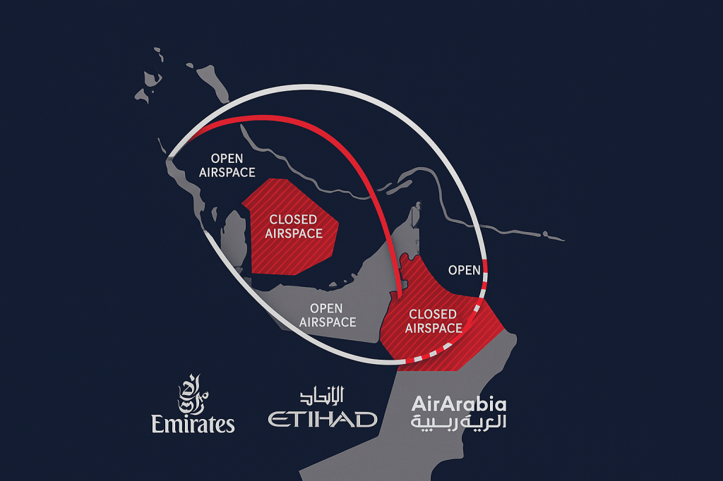 Infographic showing UAE airlines flight route adjustments due to regional airspace closures
