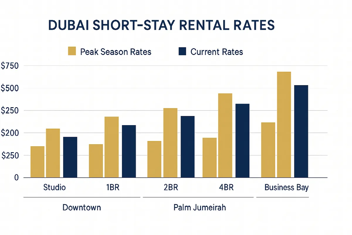 Dubai short-stay rental rate comparison chart showing peak vs current season pricing