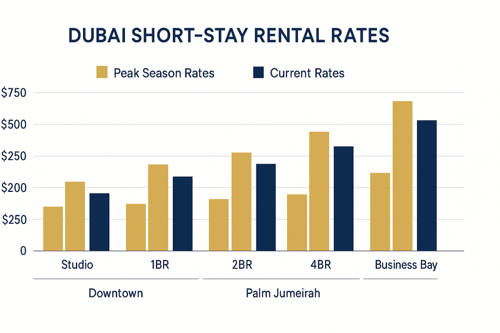 Dubai short-stay rental rate comparison chart showing peak vs current season pricing