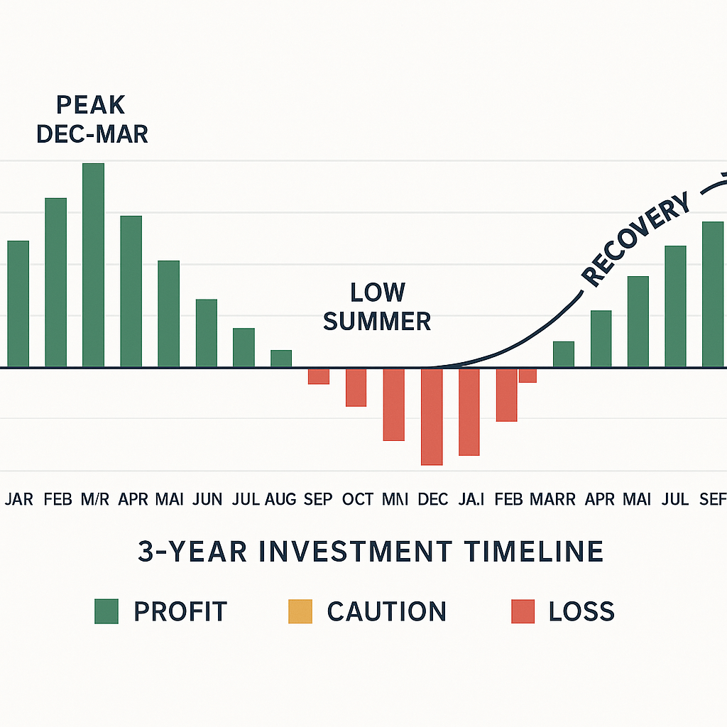 3-year ROI timeline for Dubai short-stay rental investments showing seasonal variations