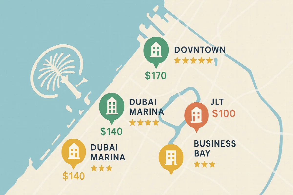 Dubai short-stay rental performance map showing key locations and star ratings
