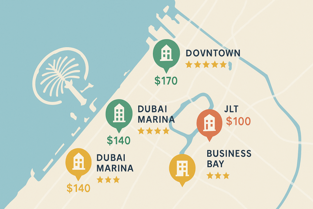 Dubai short-stay rental performance map showing key locations and star ratings