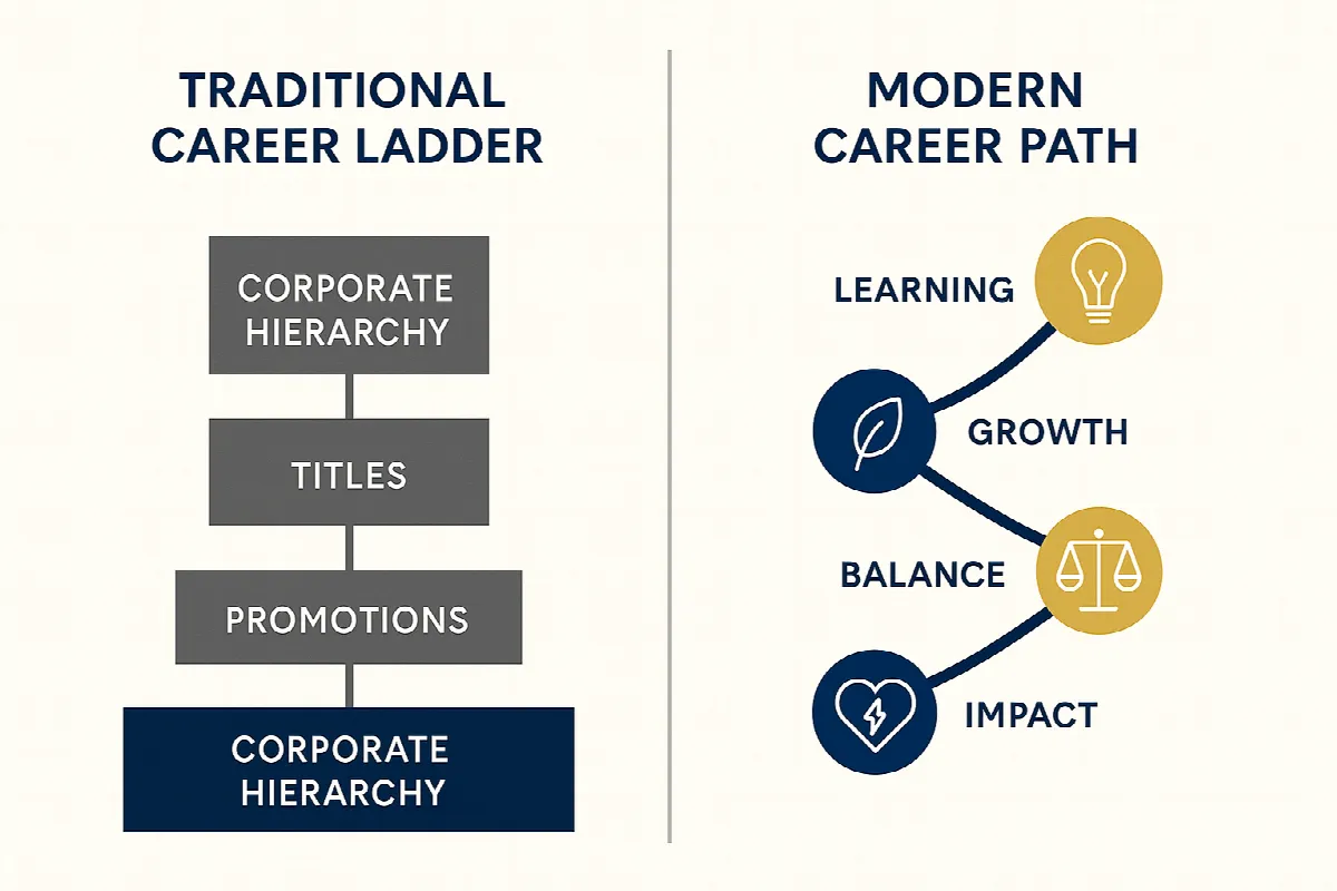 Comparison of traditional corporate career ladder versus modern purpose-driven career path