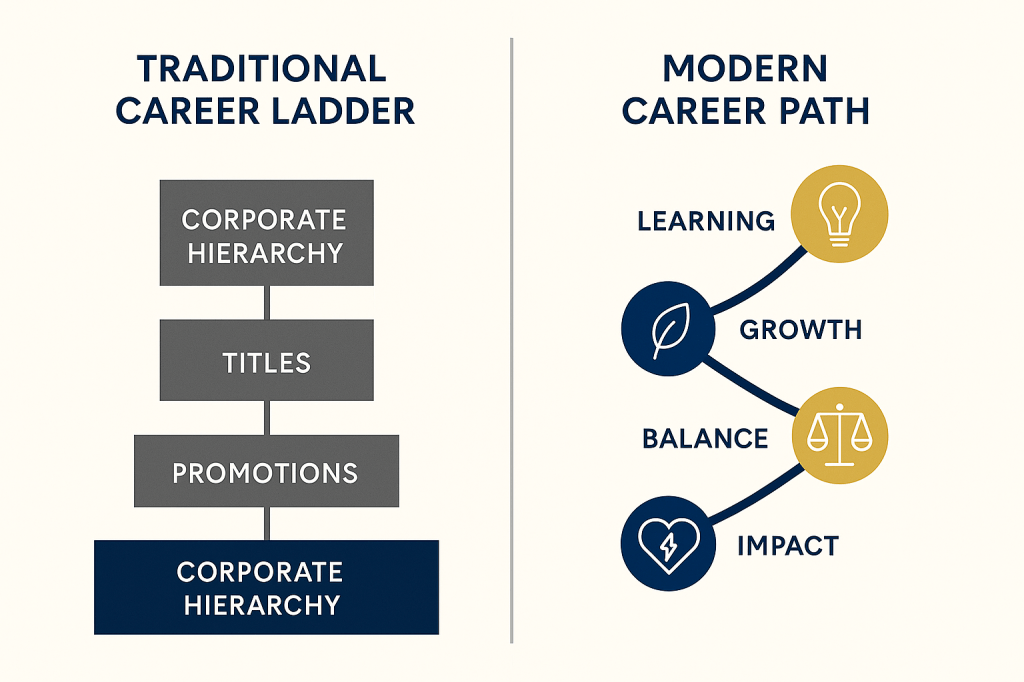 Comparison of traditional corporate career ladder versus modern purpose-driven career path