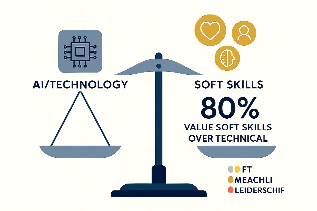 Balance scale showing 80% of young professionals value soft skills over AI technical skills