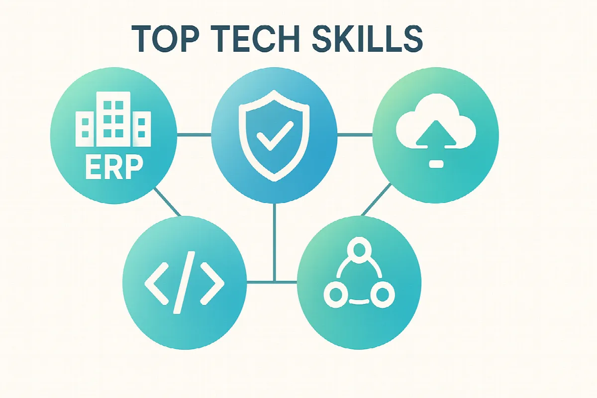 Essential tech skills diagram showing ERP, cybersecurity, cloud computing, and communication abilities