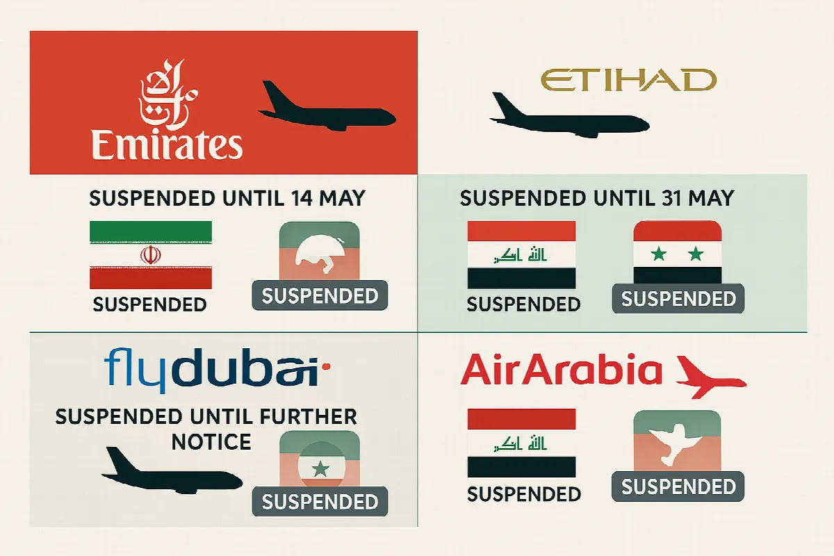 Comparison chart of UAE airlines flight suspensions and affected destinations