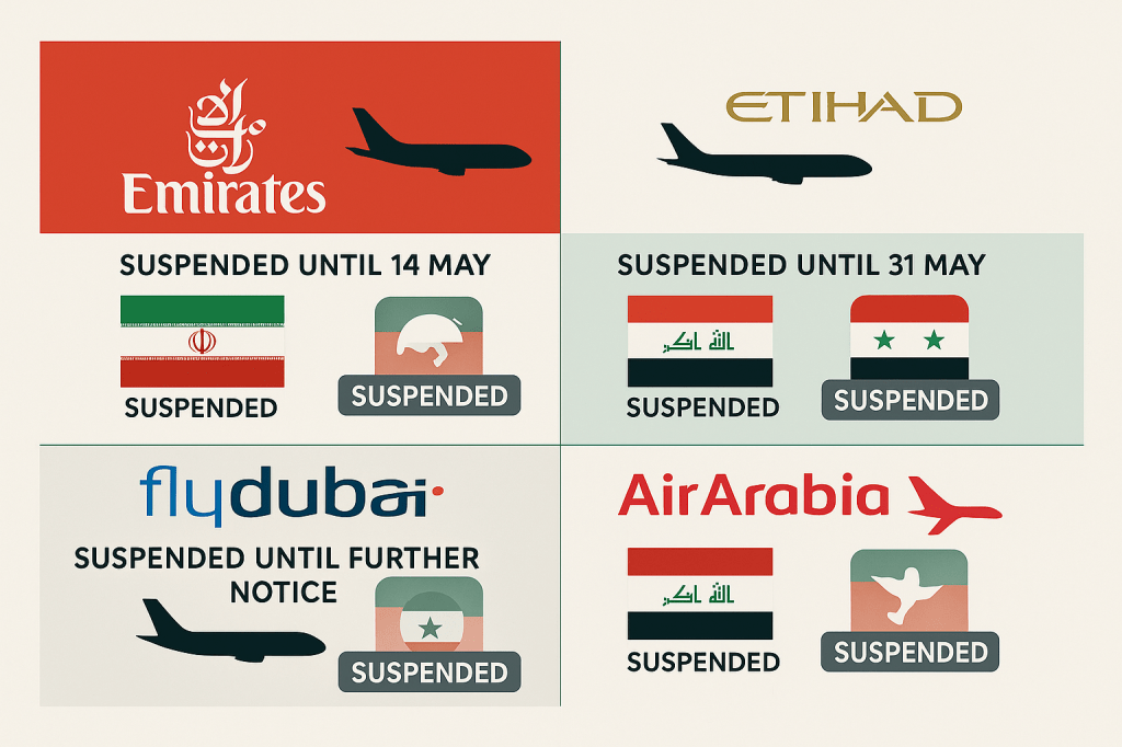 Comparison chart of UAE airlines flight suspensions and affected destinations